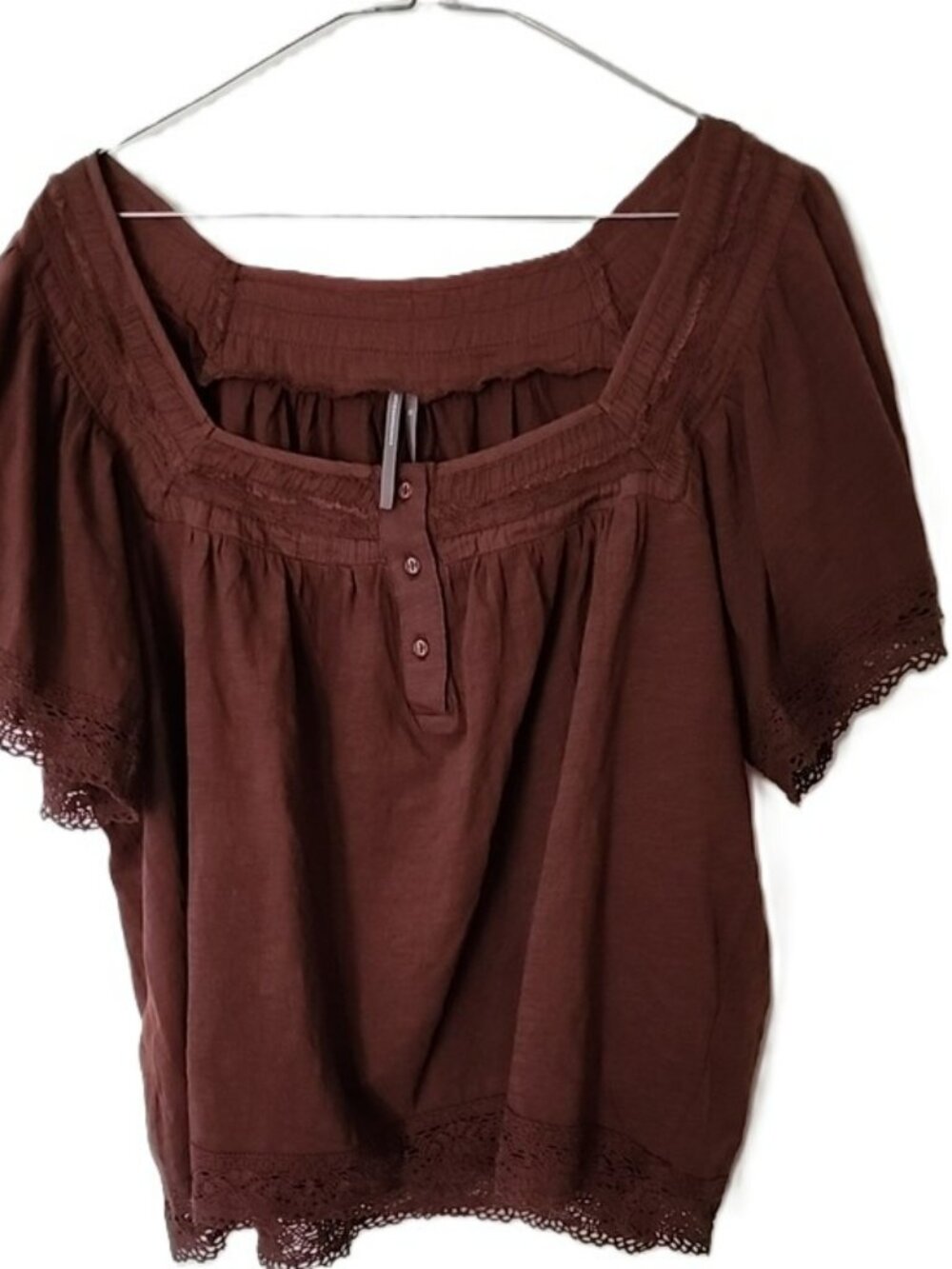 Anthropologie NWT Lace Trimmed Short Sleeve Henley Blouse Peasant Crocheted XL